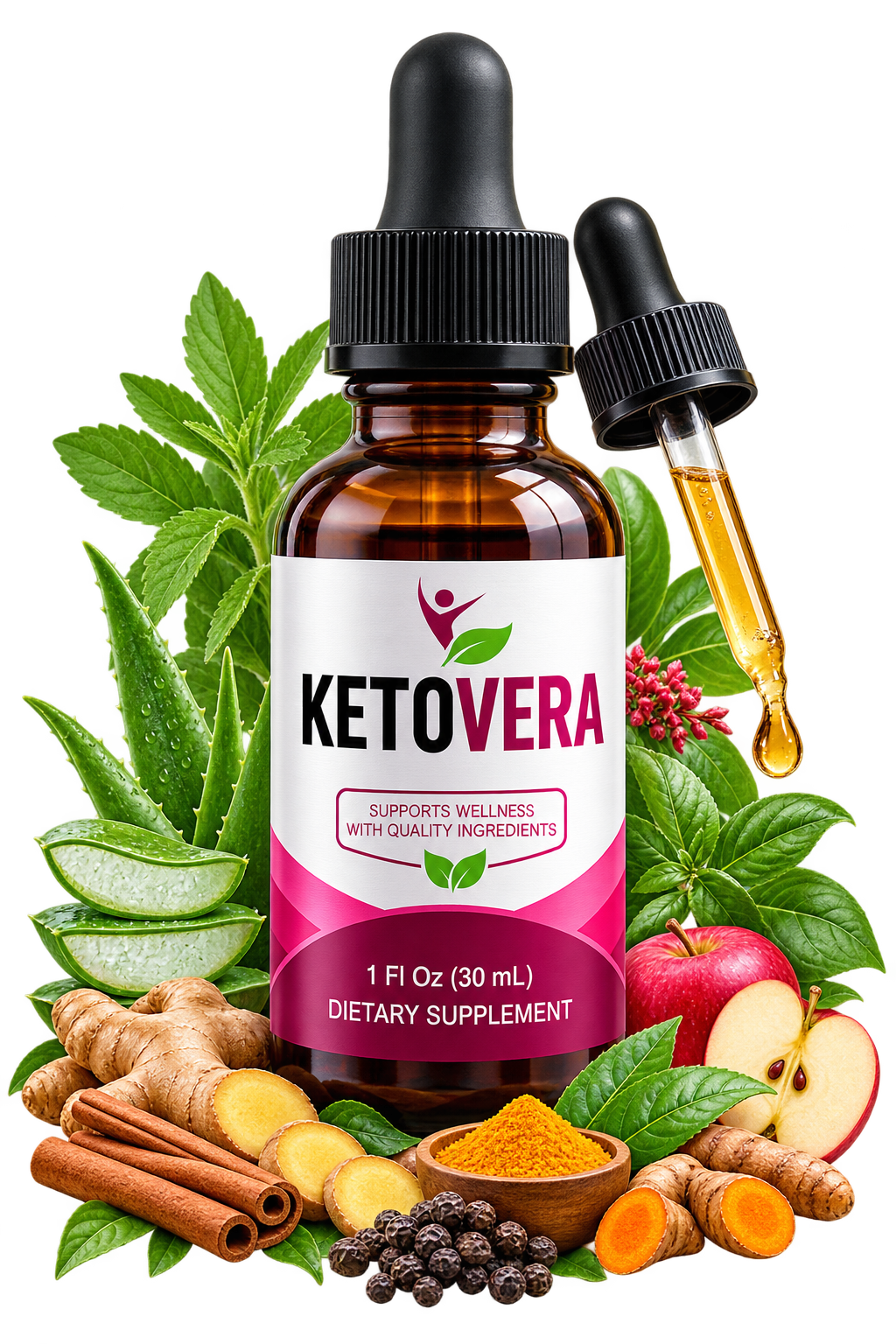Keto Vera supplement bottle surrounded by botanical ingredients