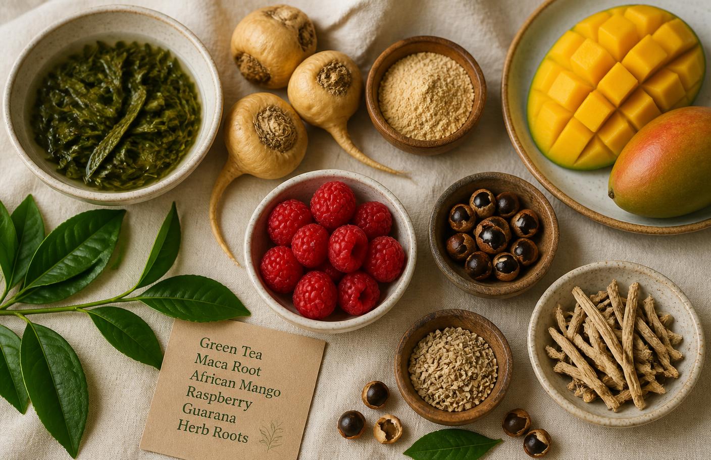 Keto Vera ingredients flat lay with green tea, maca root, African mango and raspberries